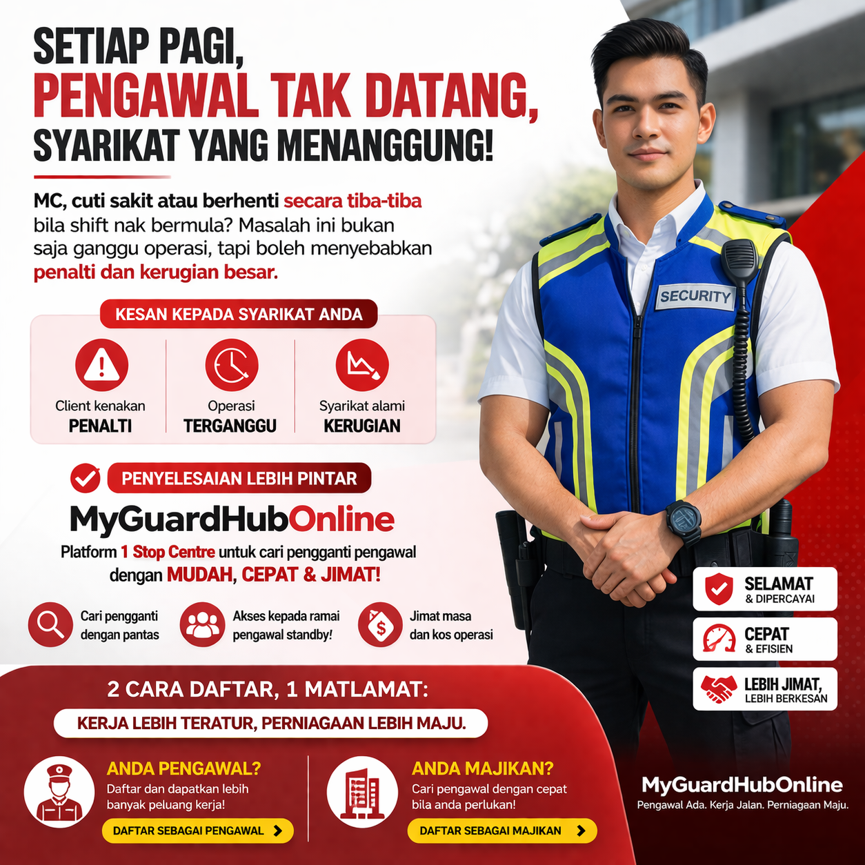 Iklan GuardHub untuk pengawal keselamatan dan majikan